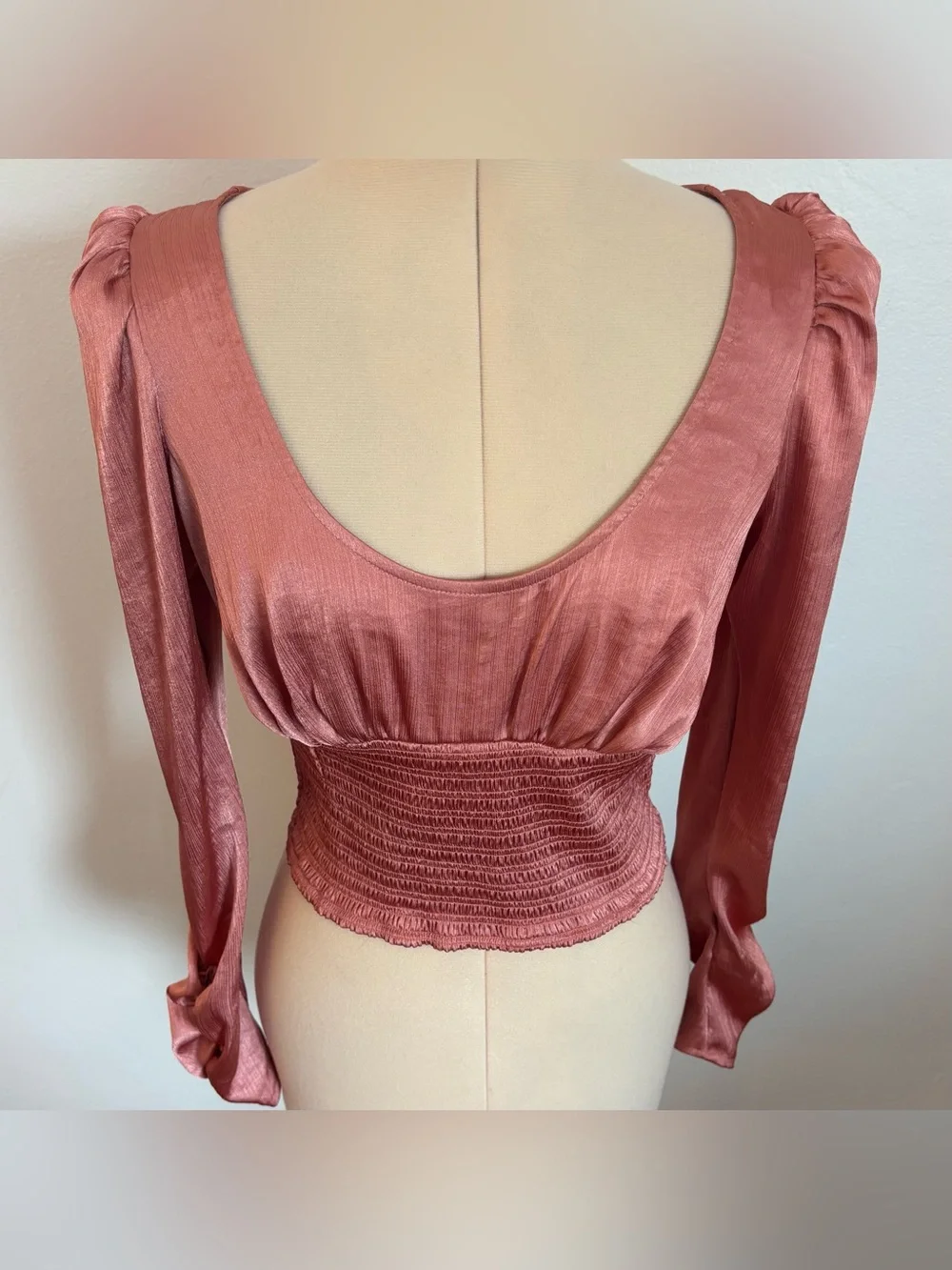 Free People Santiago Cropped Smocked Blouse in Pink Cinnamon, Long Sleeve, S